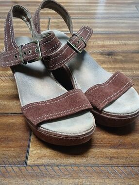 Clarks Brown Suede Wedge Sandals with Buckle